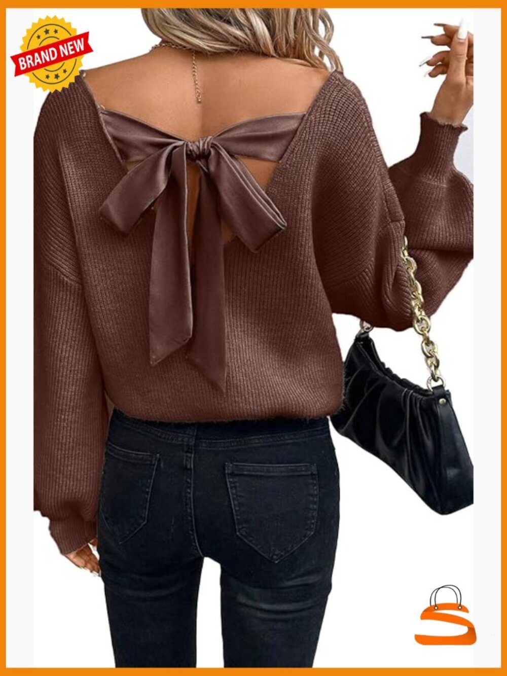 Sexy Off Shoulder Bow Back Pullover Sweater V Neck Knit Oversized Long Sleeve